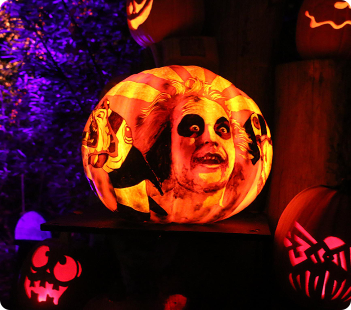 Pumpkin carved with a character's face.