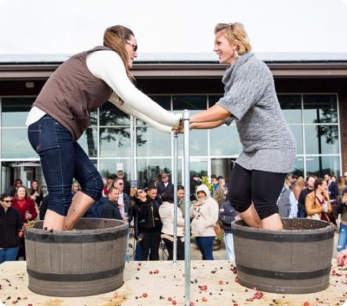 Two women stomping grapes in barrels at an event.