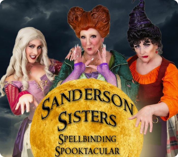 Three women in witch costumes, text "Sanderson Sisters."