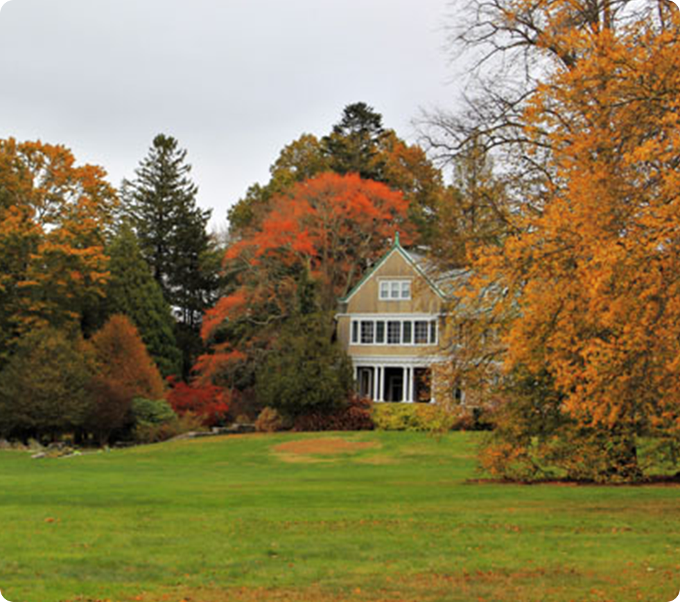 House surrounded by autumn trees on grassy lawn.